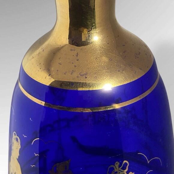 Vintage Cobalt Blue Gold Venetian Glass Decanter 10" Gondola Courting Scene 17oz - Picture 9 of 10
